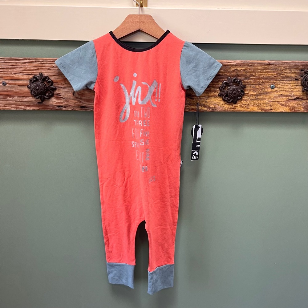 Rags to Raches Jinx Romper 2T Coral Blue Metallic Graphic Short Sleeve NWT USA